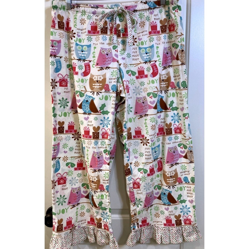 Handmade Ruffled Owl Pajama Bottoms Drawstring Christmas Pink Cream Med/Large